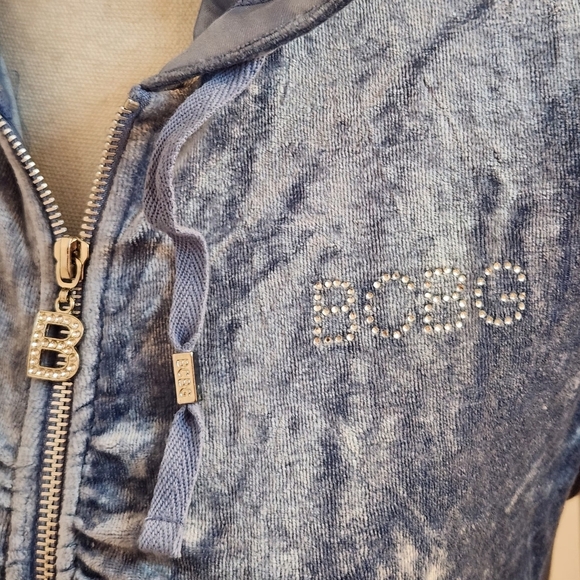 Vintage 90s Y2K BCBGMaxazria Rhinestone Velour Zip Up Hooded Track Jacket Blue - Picture 7 of 16